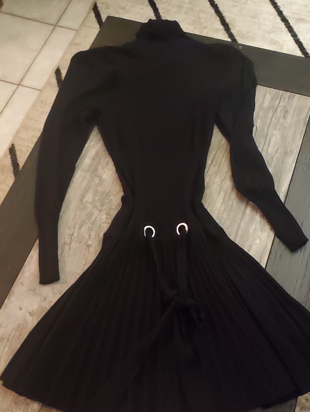 Venus Black Long-Sleeve Pleated Knit Dress - Classic Turtleneck